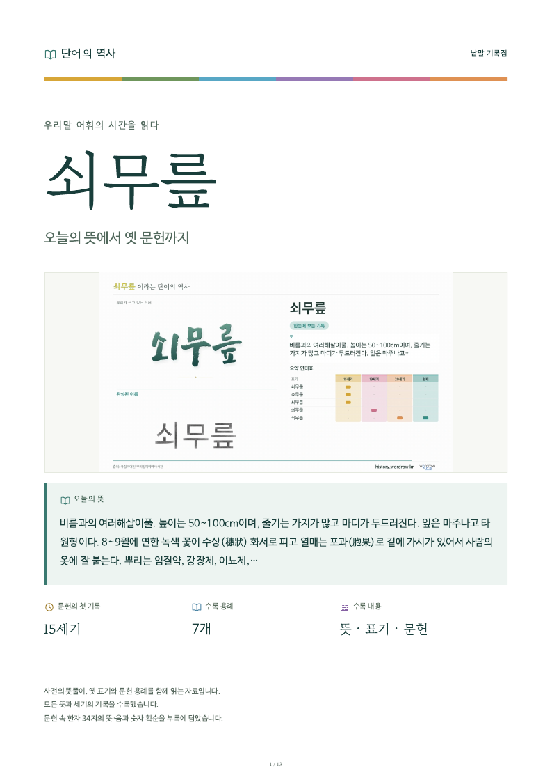 쇠무릎 낱말 기록집 PDF 첫 페이지
