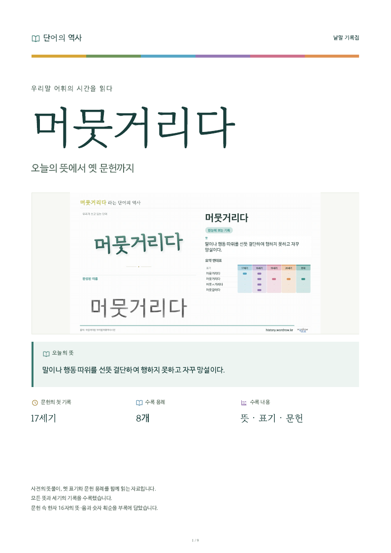 머뭇거리다 낱말 기록집 PDF 첫 페이지