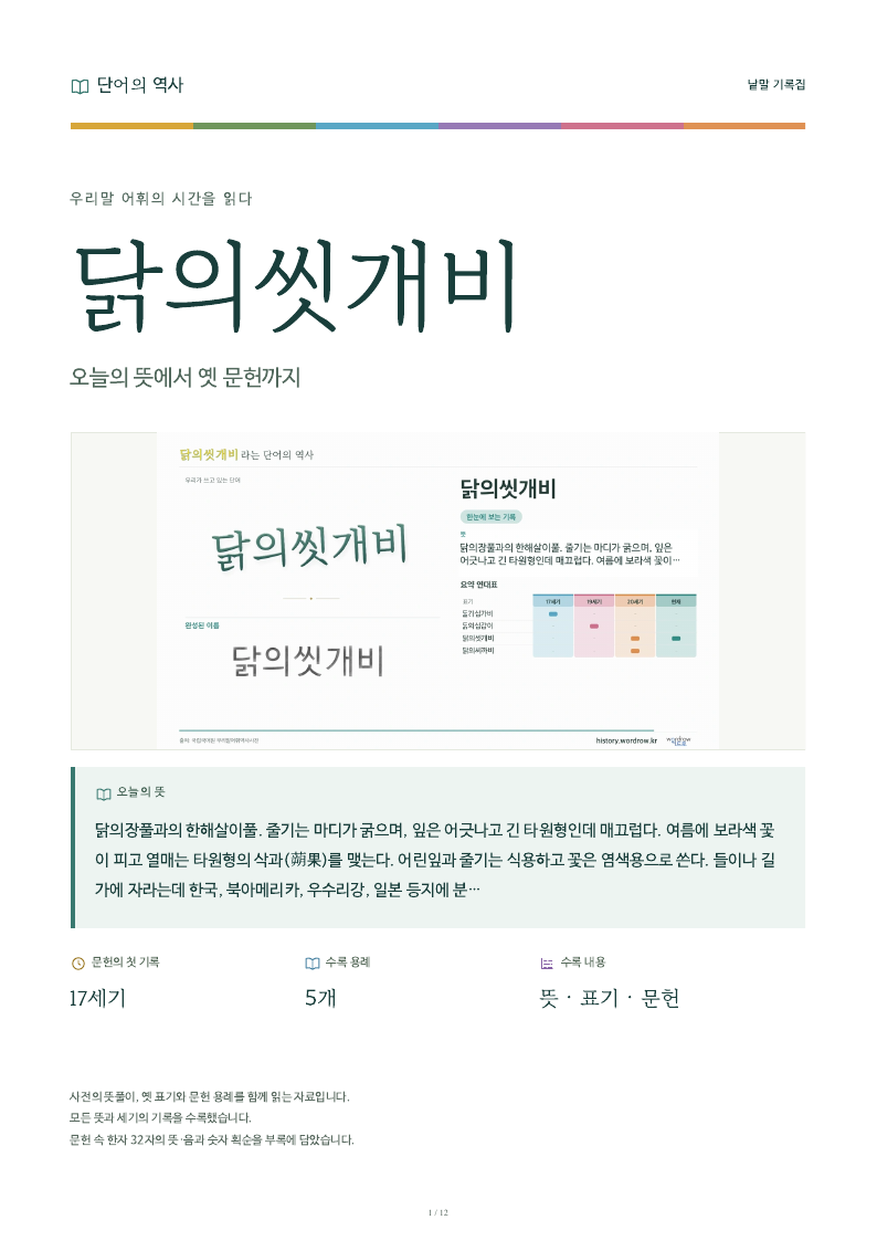 닭의씻개비 낱말 기록집 PDF 첫 페이지